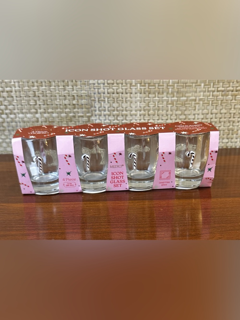 🎄Medici Candy Cane Icon Shot Glass Set 4-Piece Holiday Glassware 2oz